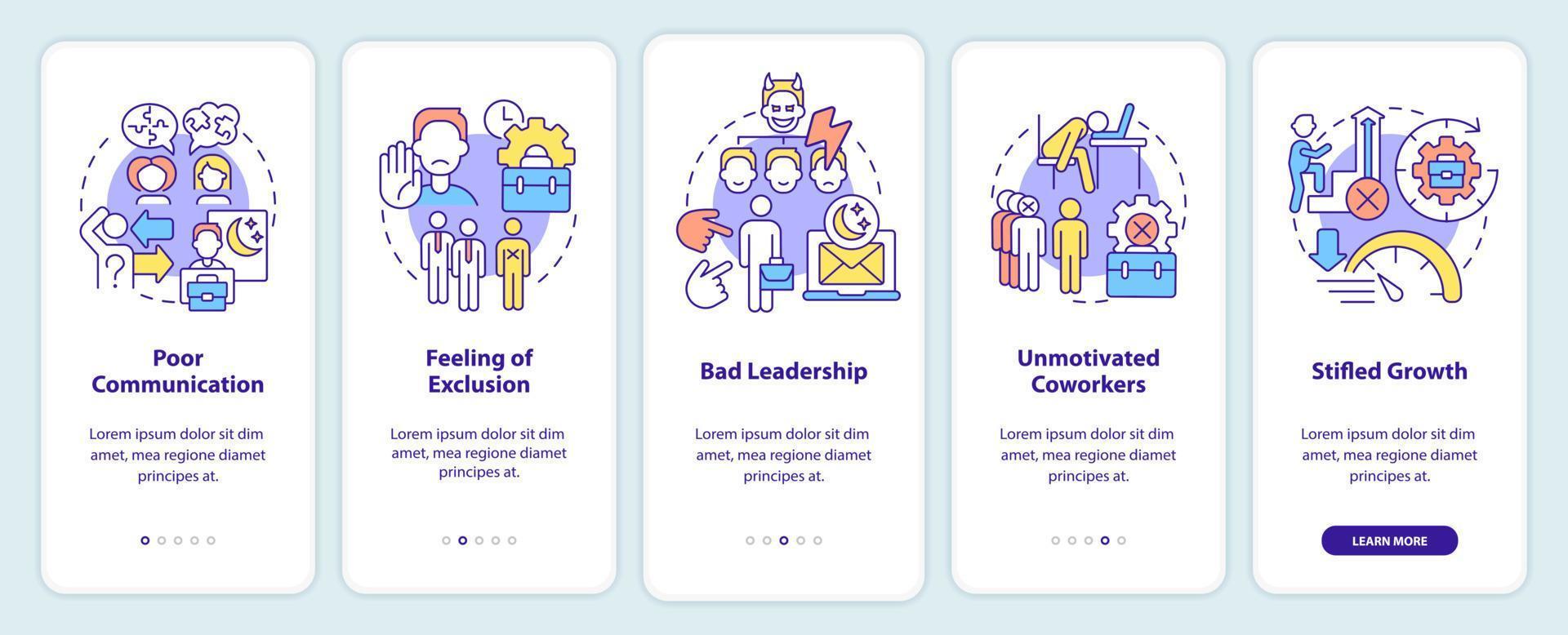 Signs of toxic workplace onboarding mobile app screen. Walkthrough 5 steps graphic instructions pages with linear concepts. UI, UX, GUI template. vector