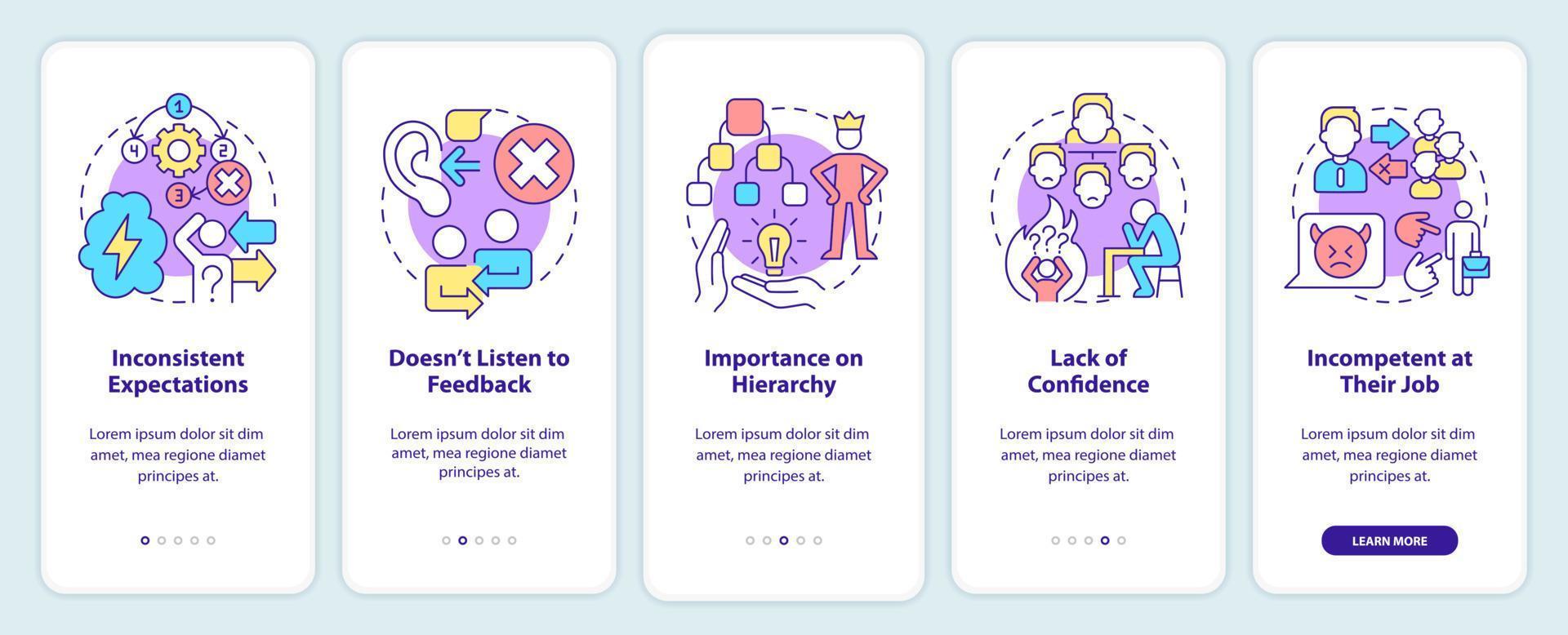 Rasgos de líderes tóxicos que incorporan la pantalla de la aplicación móvil. Tutorial de relaciones abusivas Páginas de instrucciones gráficas de 5 pasos con conceptos lineales. interfaz de usuario, ux, plantilla de interfaz gráfica de usuario. vector