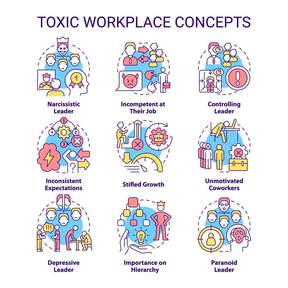 Toxic workplace concept icons set. Toxic leader. Unhealthy work environment idea thin line color illustrations. Isolated symbols. Editable stroke. vector