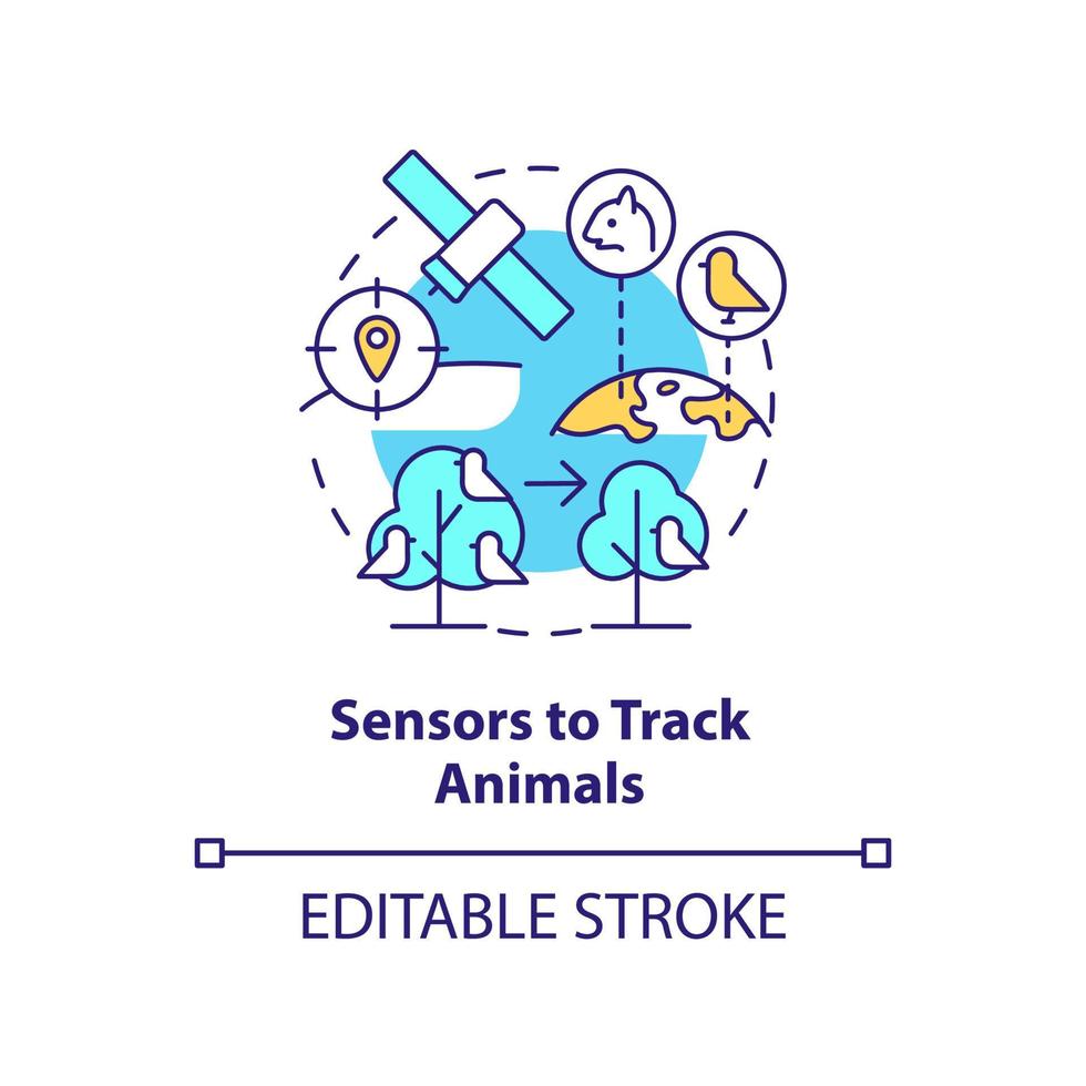 sensores para rastrear el icono del concepto de animales. tecnología espacial y cambio climático idea abstracta ilustración de línea delgada. dibujo de contorno aislado. trazo editable. vector