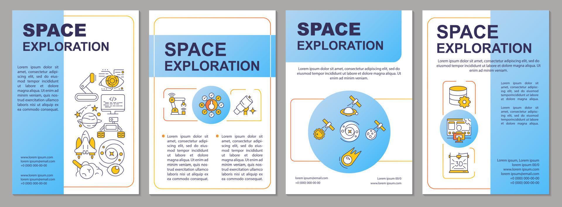 Space exploration improvement blue brochure template. Cosmos research. Leaflet design with linear icons. 4 vector layouts for presentation, annual reports.