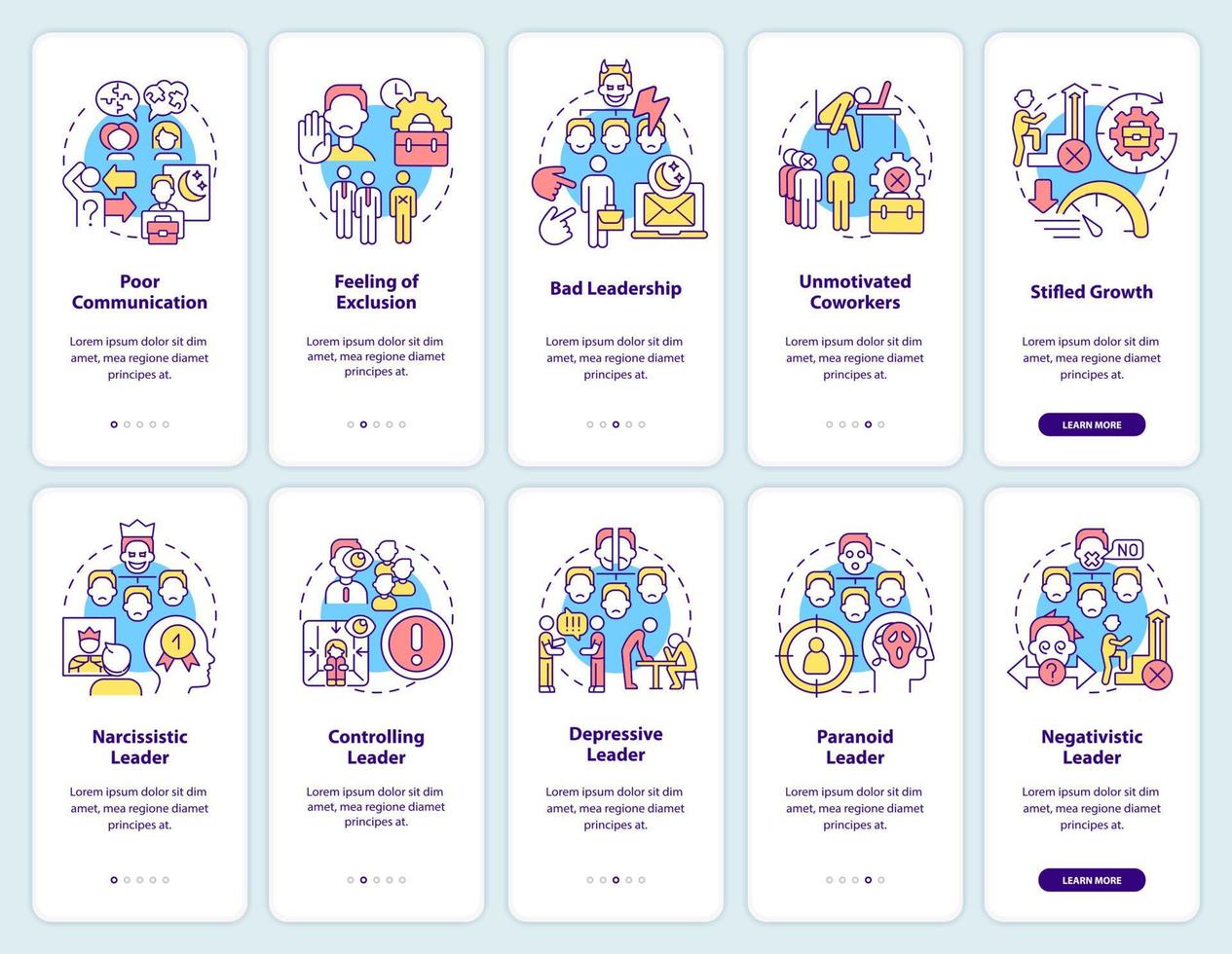 Toxic work environment onboarding mobile app screen set. Workplace issue walkthrough 5 steps graphic instructions pages with linear concepts. UI, UX, GUI template. vector