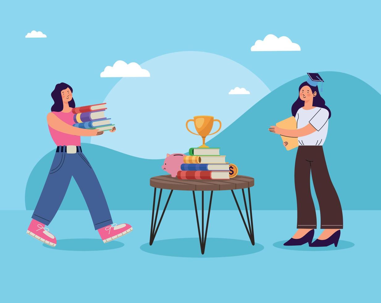 students girls walking with books vector