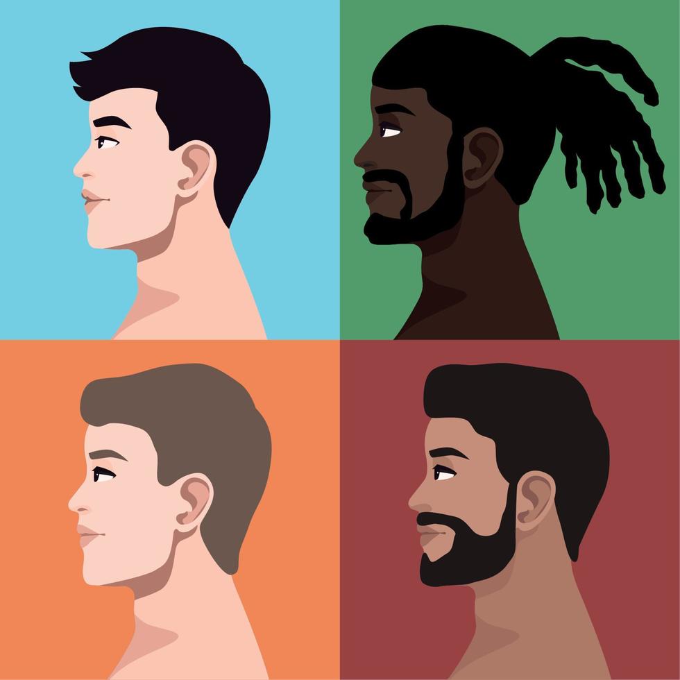 four male faces profiles vector