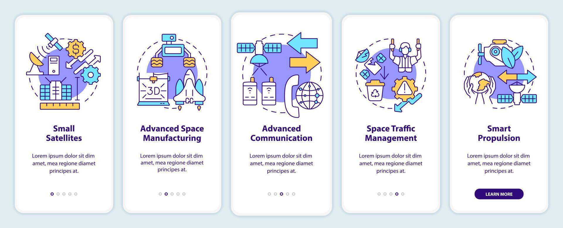Spacetech trends onboarding mobile app screen. Innovations walkthrough 5 steps graphic instructions pages with linear concepts. UI, UX, GUI template. vector