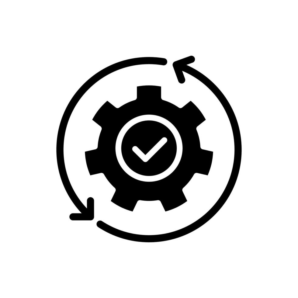 Automation black glyph icon. Manufacturing process. Boosting efficiency. Replacing manual labor. Increase productivity. Silhouette symbol on white space. Solid pictogram. Vector isolated illustration