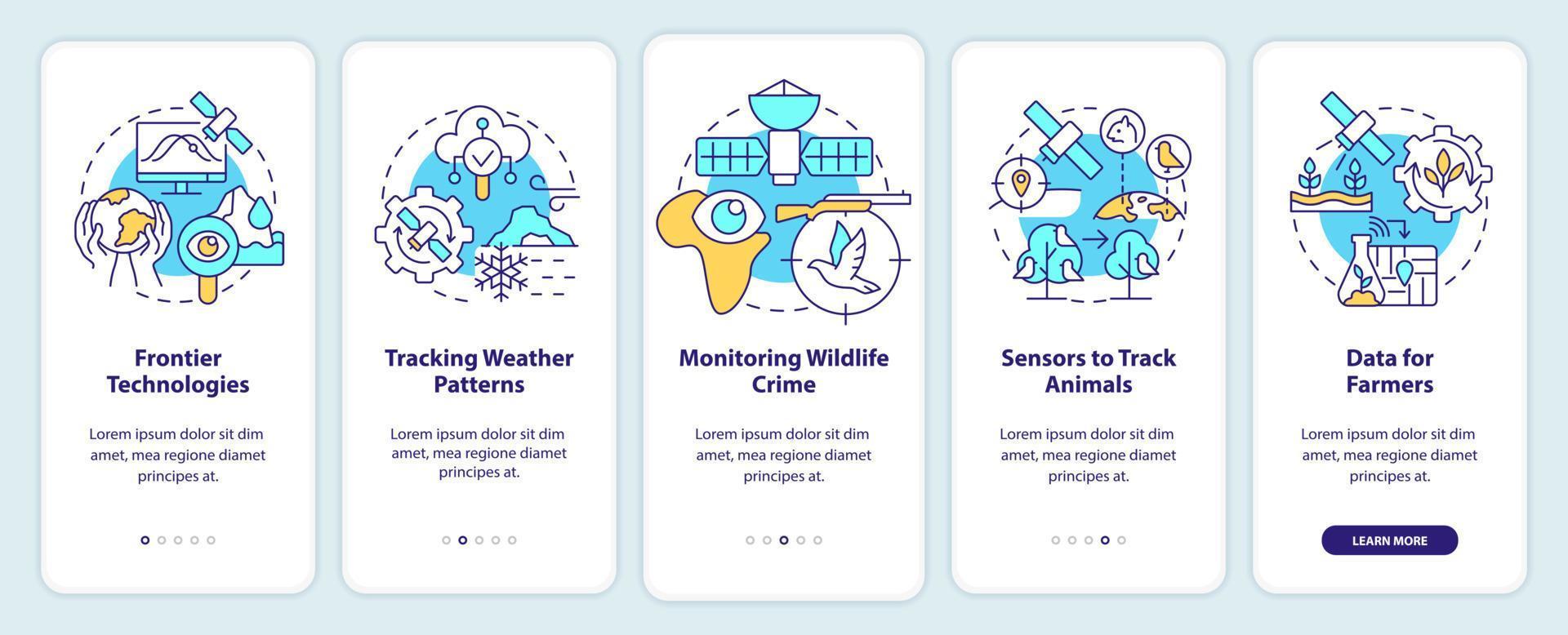 Space technology and climate change onboarding mobile app screen. Walkthrough 5 steps graphic instructions pages with linear concepts. UI, UX, GUI template. vector