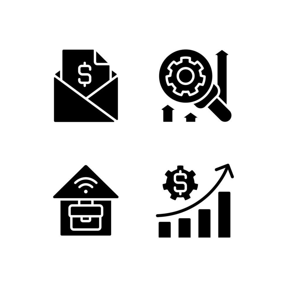 Company management structure black glyph icons set on white space. Sending contracts. Financial planning. Remote job. Research. Silhouette symbols. Solid pictogram pack. Vector isolated illustration