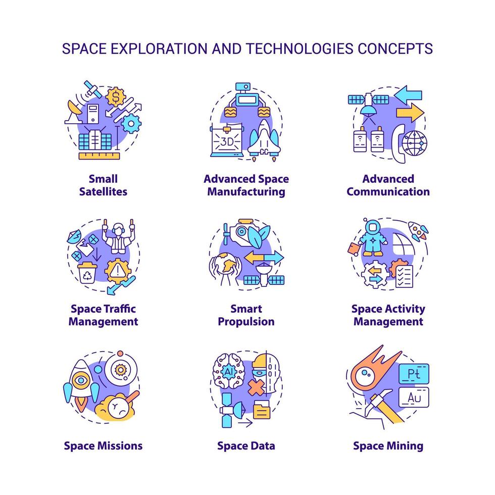 Space exploration and technology concept icons set. Science and industry idea thin line color illustrations. Isolated symbols. Editable stroke. vector