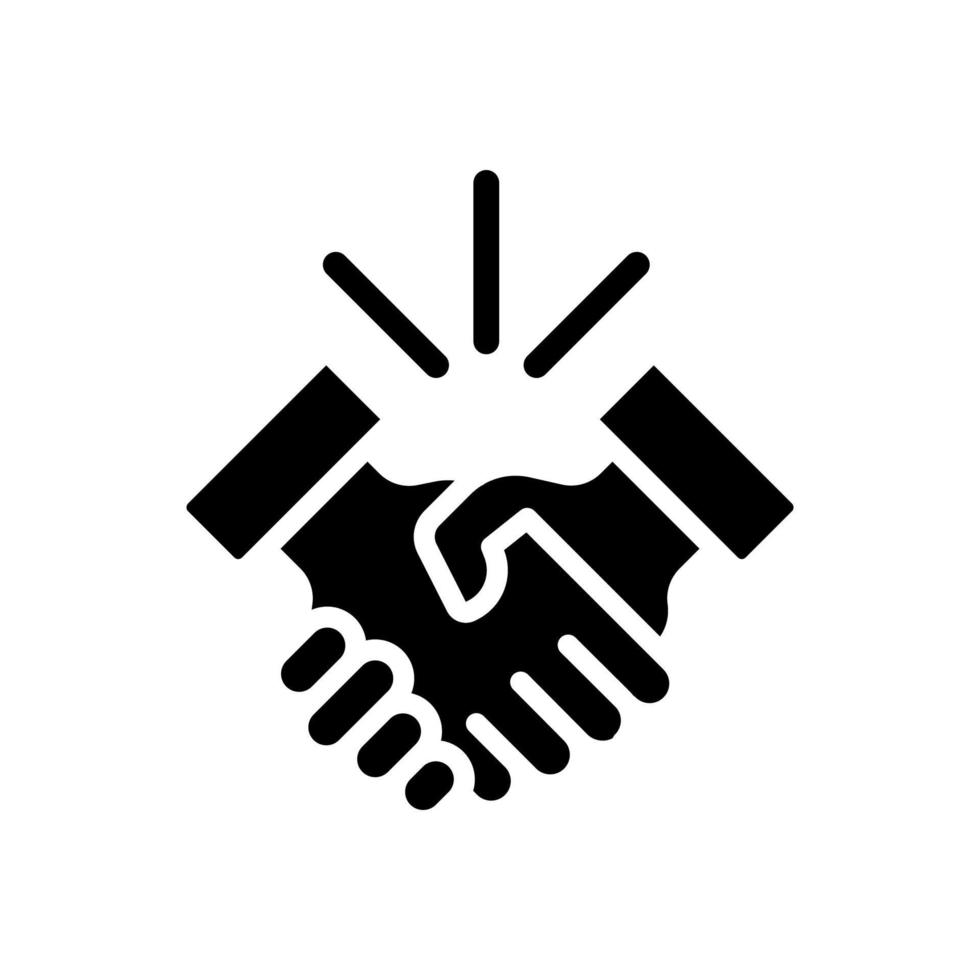 Handshake black glyph icon. Business etiquette. Shaking hands. Deal making. Verbal contract. Company meeting. Silhouette symbol on white space. Solid pictogram. Vector isolated illustration