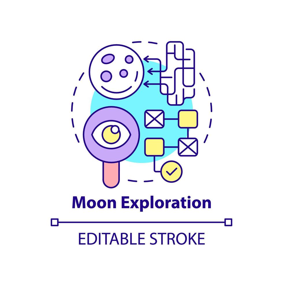 icono del concepto de exploración lunar. estudio de satélites terrestres. tecnología espacial idea abstracta ilustración de línea delgada. dibujo de contorno aislado. trazo editable. vector