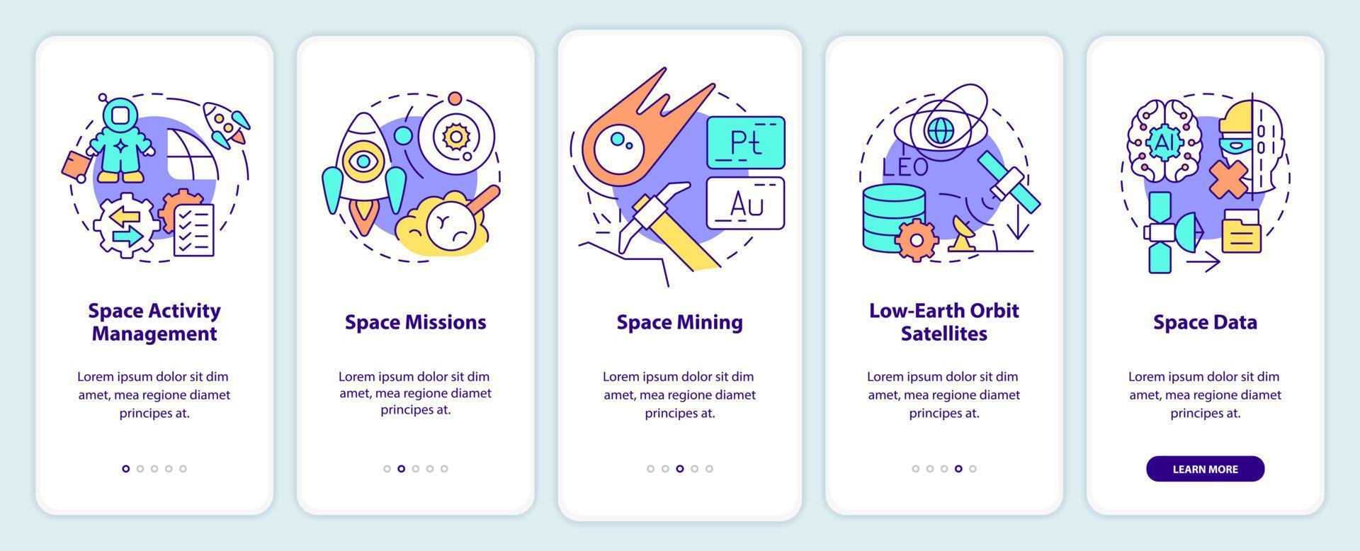 Trends in space technology onboarding mobile app screen. Cosmos activity walkthrough 5 steps graphic instructions pages with linear concepts. UI, UX, GUI template. vector