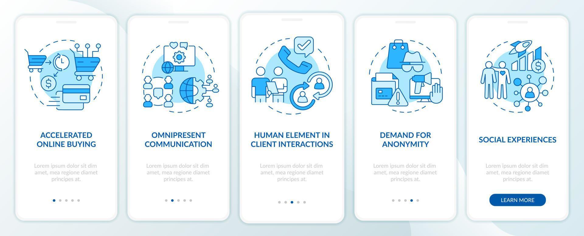 Customer behavior trends blue onboarding mobile app screen. Walkthrough 5 steps graphic instructions pages with linear concepts. UI, UX, GUI template. vector