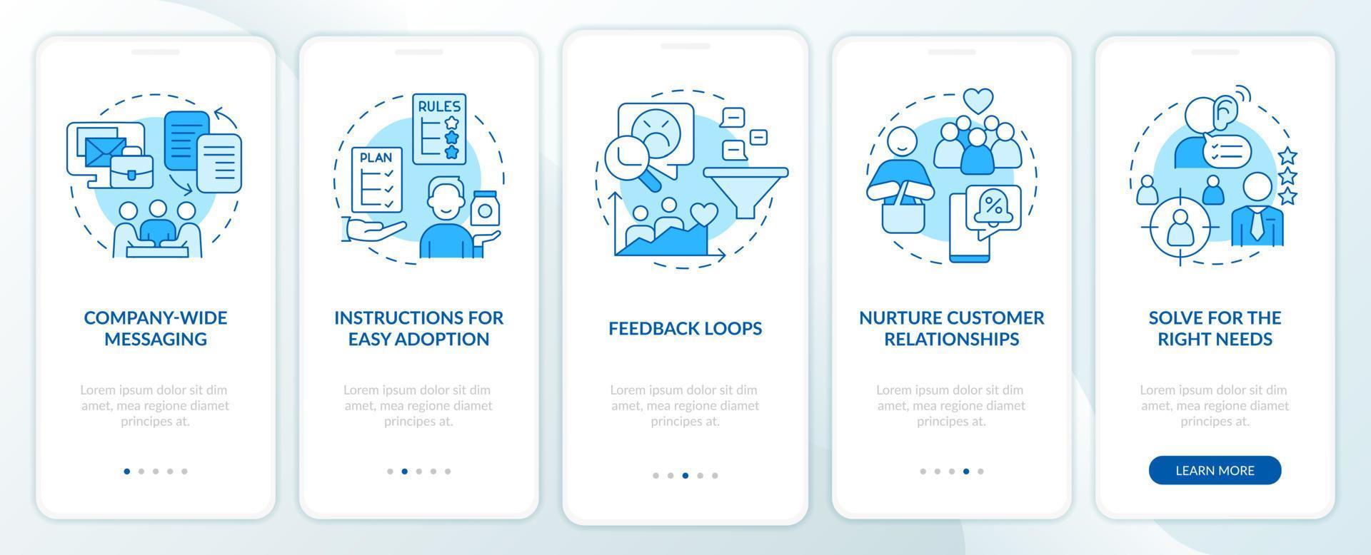 Solving for customer needs blue onboarding mobile app screen. Walkthrough 5 steps graphic instructions pages with linear concepts. UI, UX, GUI template. vector