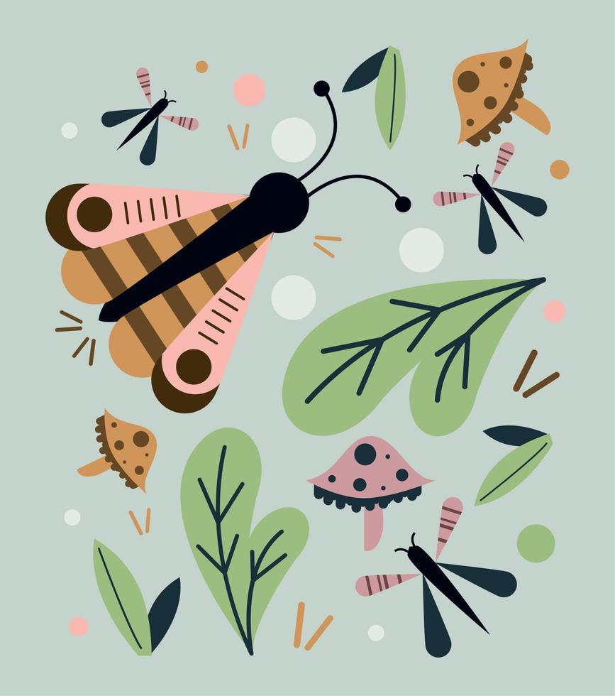 insectos y hojas de primavera vector