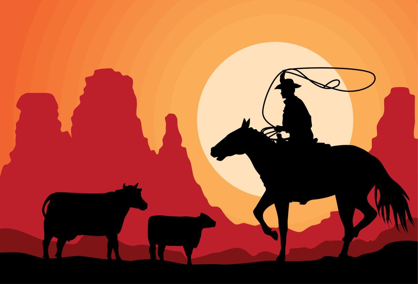 cowboy with cows silhouette vector