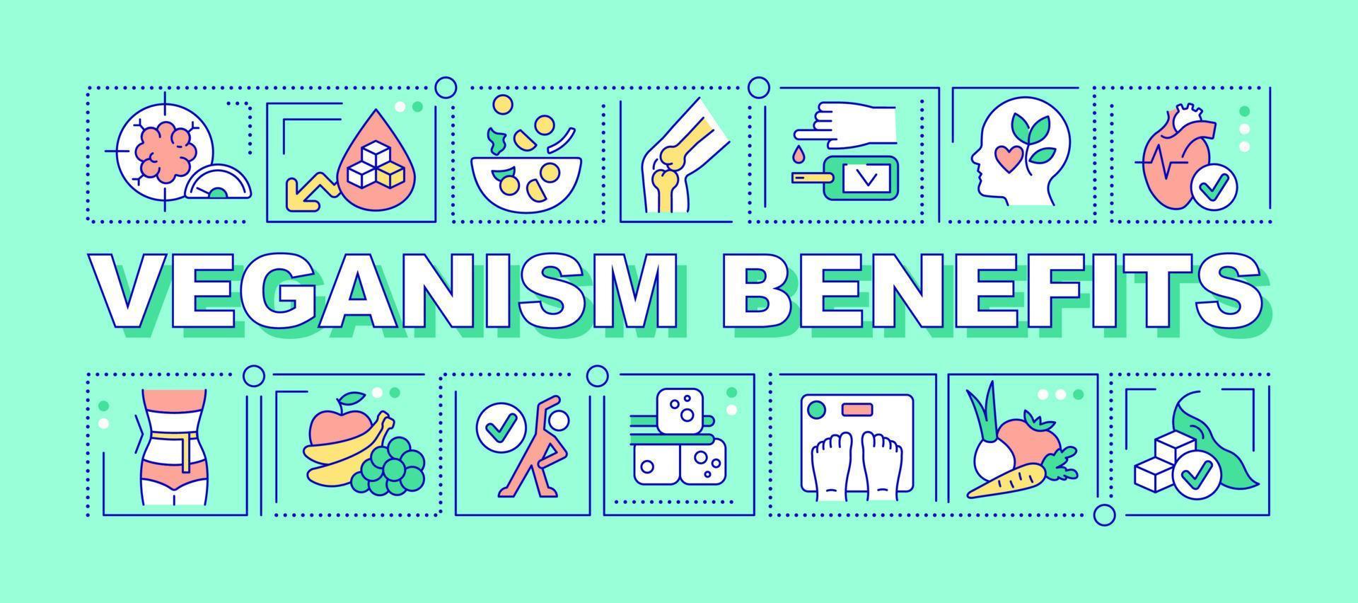 Veganism benefits word concepts green banner. Plant based dieting. Infographics with icons on color background. Isolated typography. Vector illustration with text.