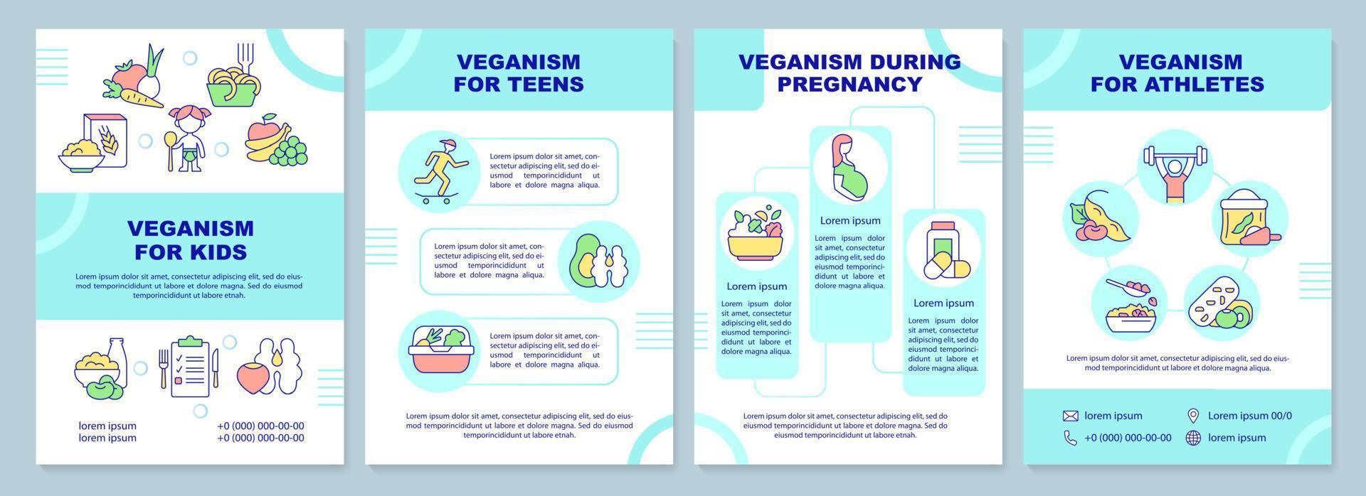 Vegan lifestyle for everyone brochure template. Plant based nutrition. Leaflet design with linear icons. 4 vector layouts for presentation, annual reports.