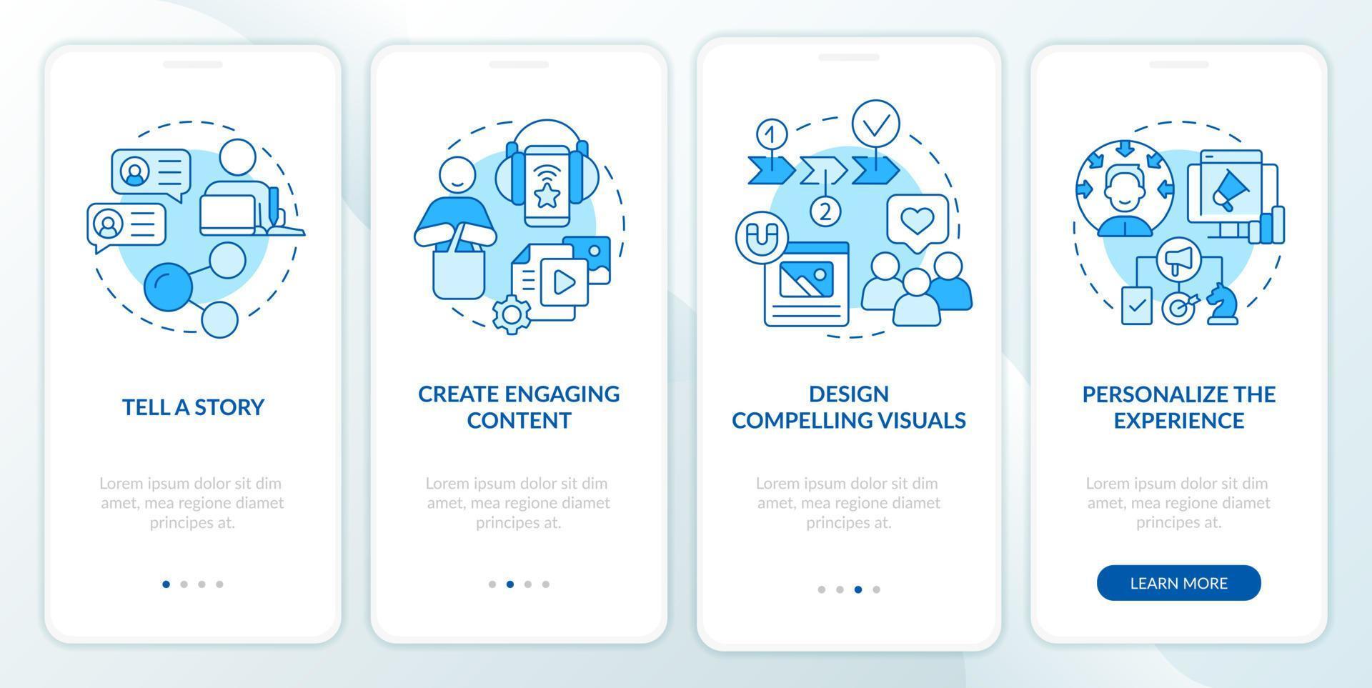 Customer attention span blue onboarding mobile app screen. Walkthrough 4 steps graphic instructions pages with linear concepts. UI, UX, GUI template. vector