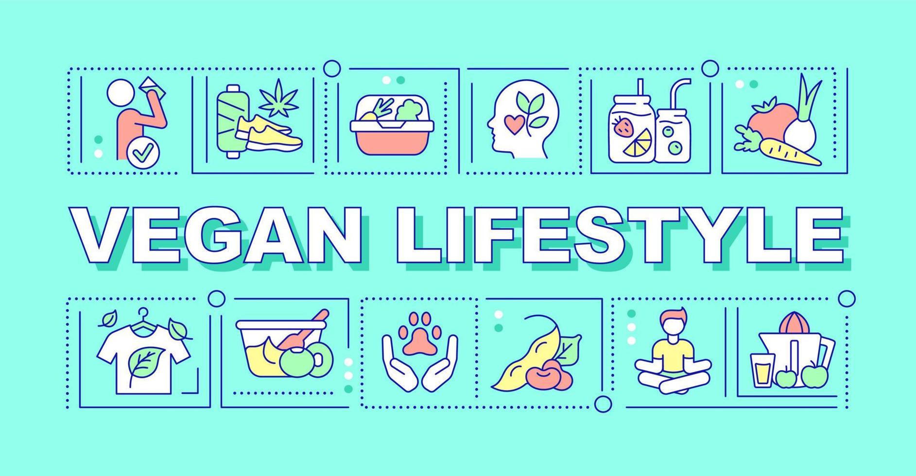 Vegan lifestyle word concepts turquoise banner. Plant based nutrition. Infographics with icons on color background. Isolated typography. Vector illustration with text.