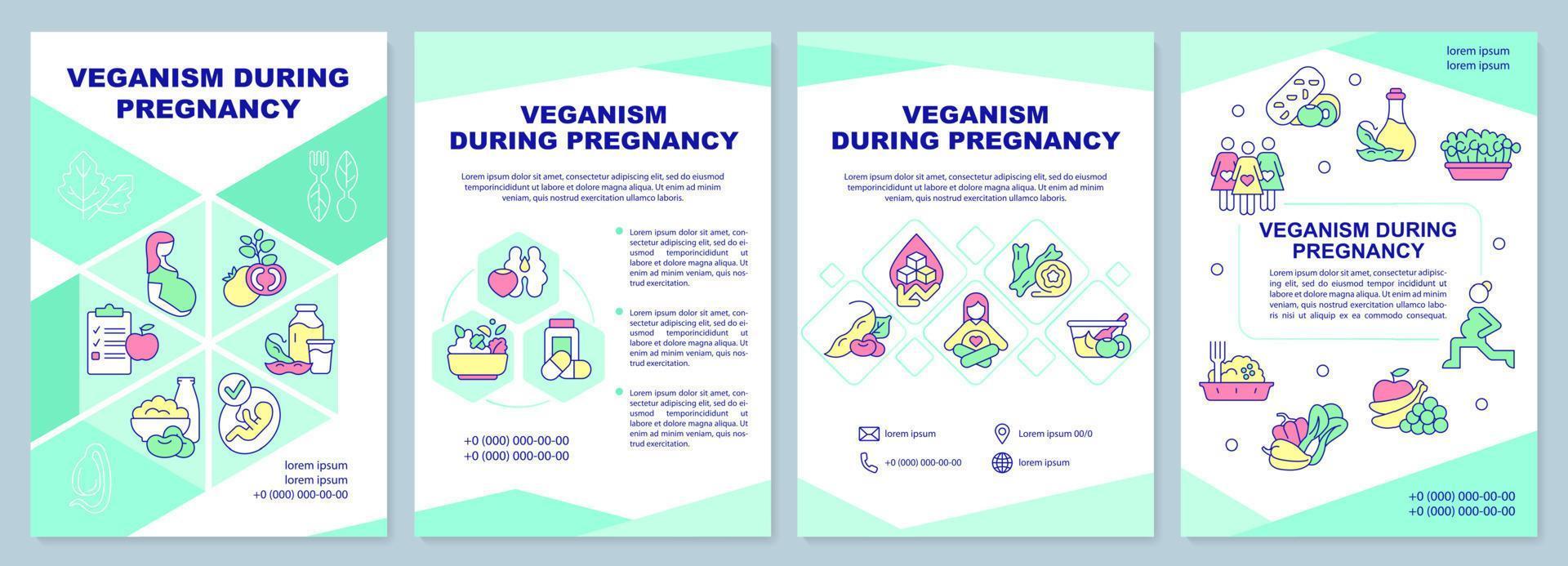 Veganism during pregnancy brochure template. Balanced nutrition. Leaflet design with linear icons. 4 vector layouts for presentation, annual reports.