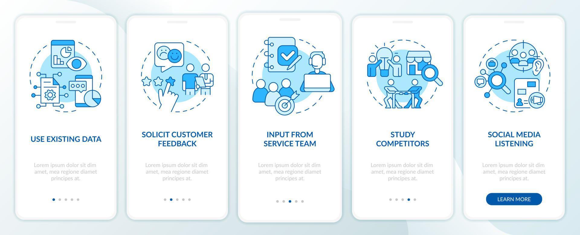 Identifying customer needs blue onboarding mobile app screen. Walkthrough 5 steps graphic instructions pages with linear concepts. UI, UX, GUI template. vector