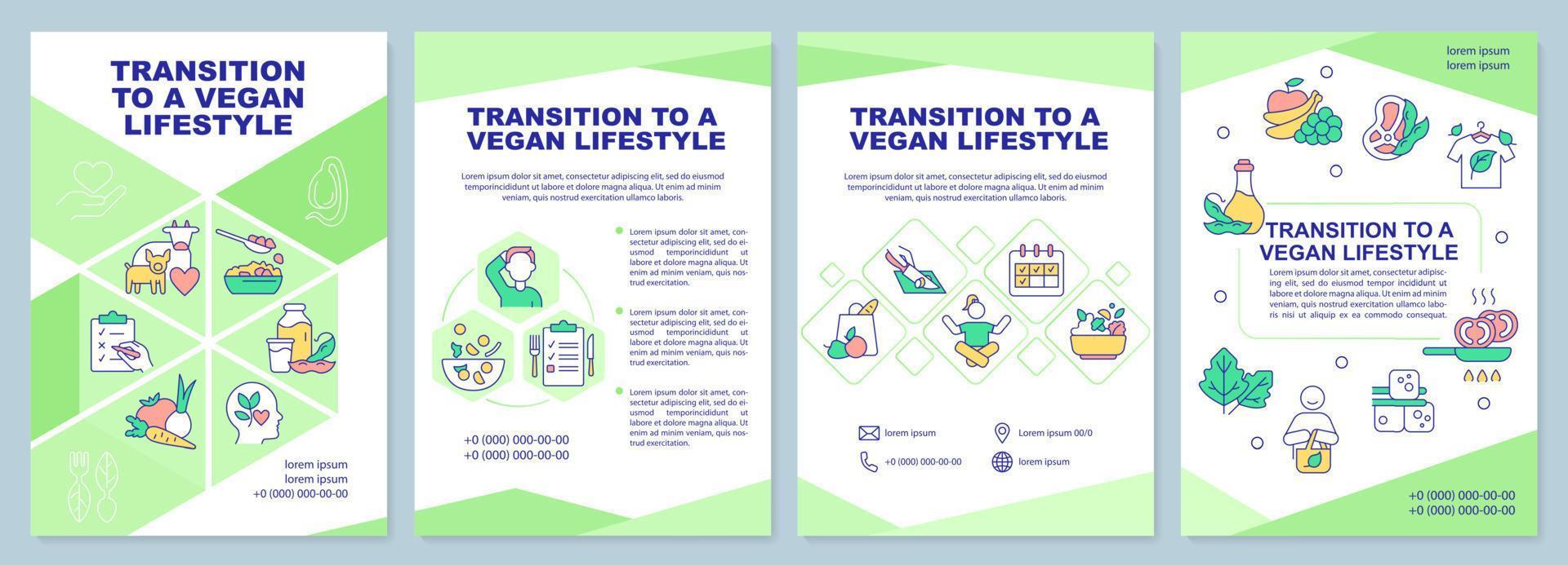 transición a la plantilla de folleto de estilo de vida vegano. dieta basada en plantas. diseño de folletos con iconos lineales. 4 diseños vectoriales para presentación, informes anuales. vector