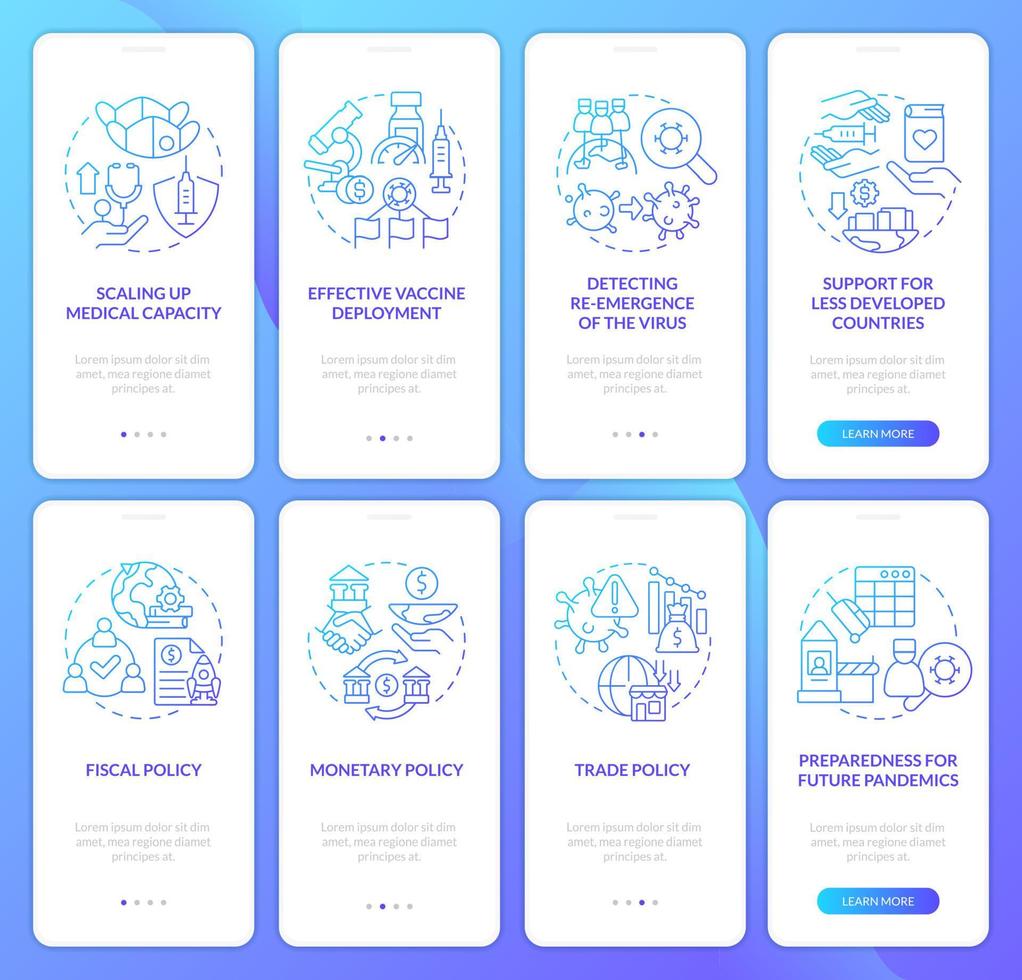 conjunto de pantalla de aplicación móvil de incorporación de degradado azul de salud y unidad empresarial. tutorial 4 pasos páginas de instrucciones gráficas con conceptos lineales. interfaz de usuario, ux, plantilla de interfaz gráfica de usuario. vector