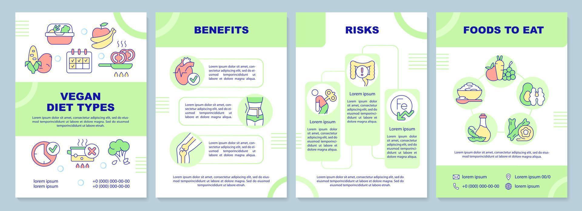 Vegan lifestyle guide brochure template. Plant based eating. Leaflet design with linear icons. 4 vector layouts for presentation, annual reports.