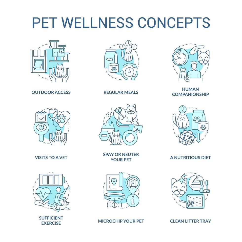 Pet wellness turquoise concept icons set. Feline and canine wellbeing idea thin line color illustrations. Regular meals. Isolated symbols. Editable stroke. vector