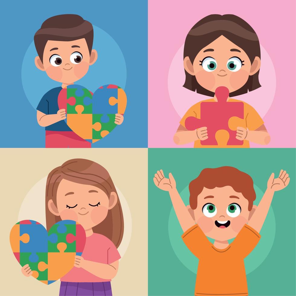 día del autismo de cuatro niños vector