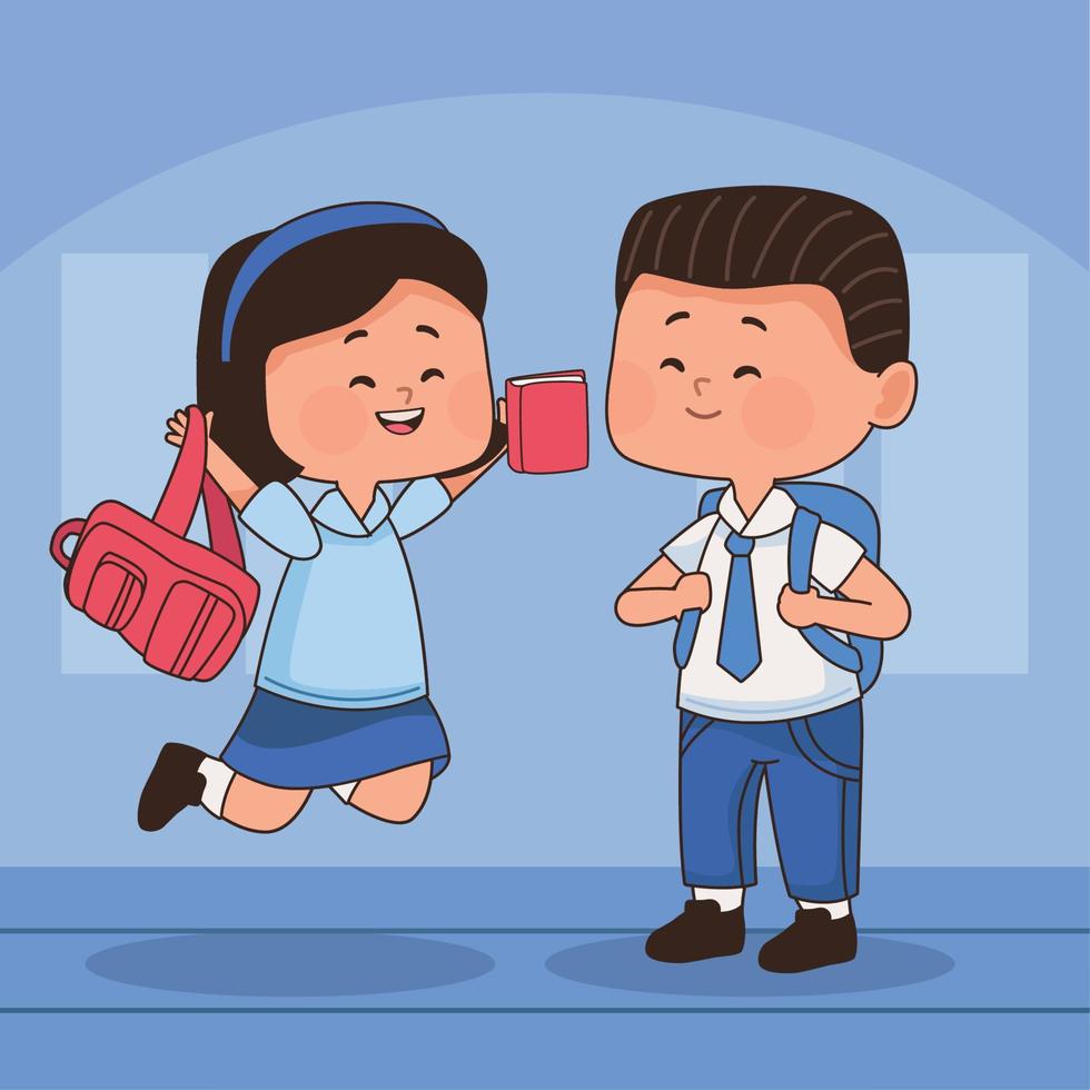 feliz pareja de pequeños estudiantes vector