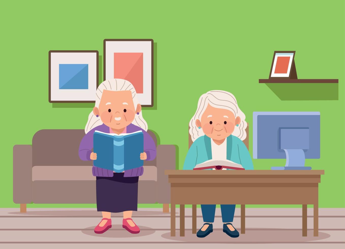 abuelas estudiando en escritorio vector
