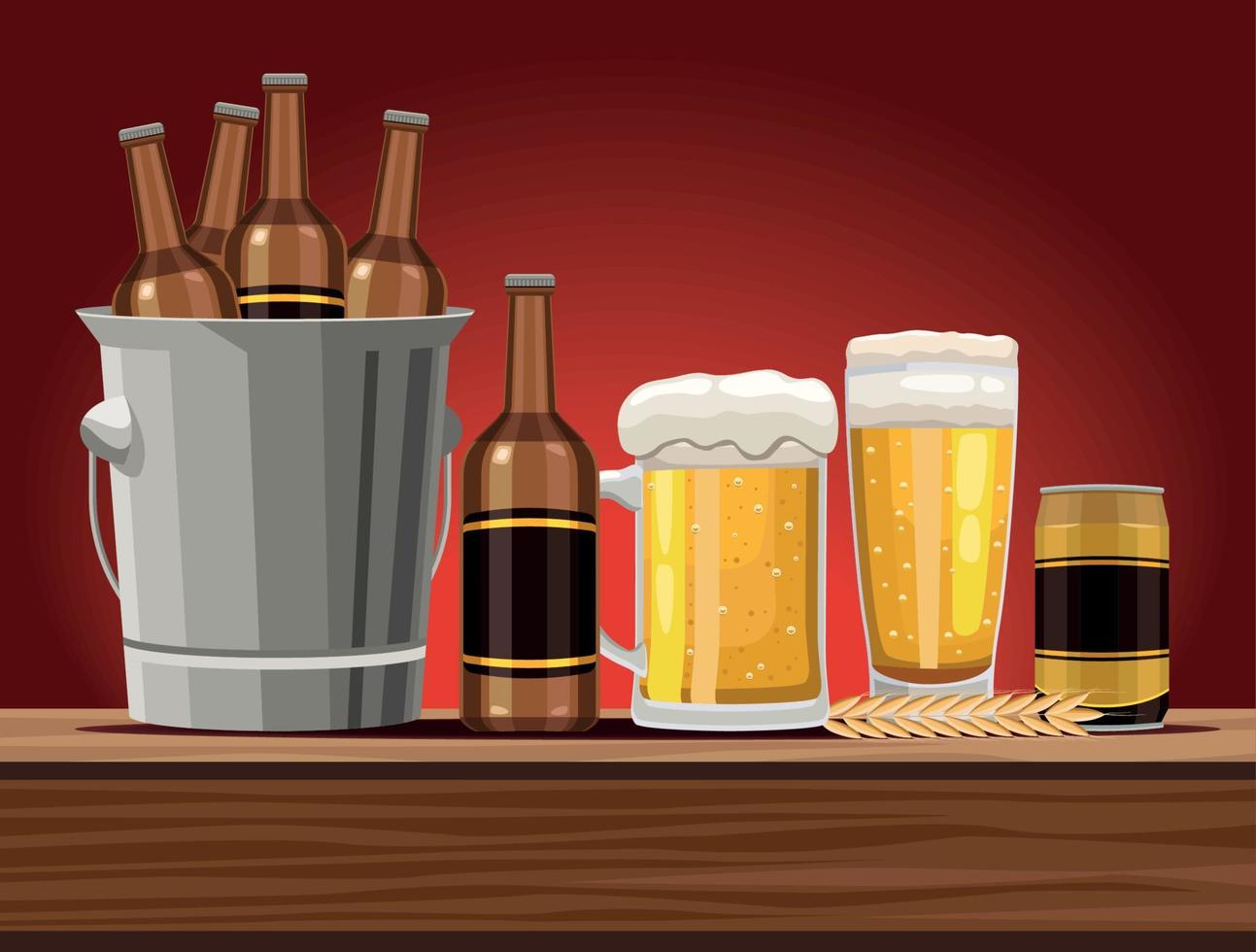 cervezas en mesa de madera vector