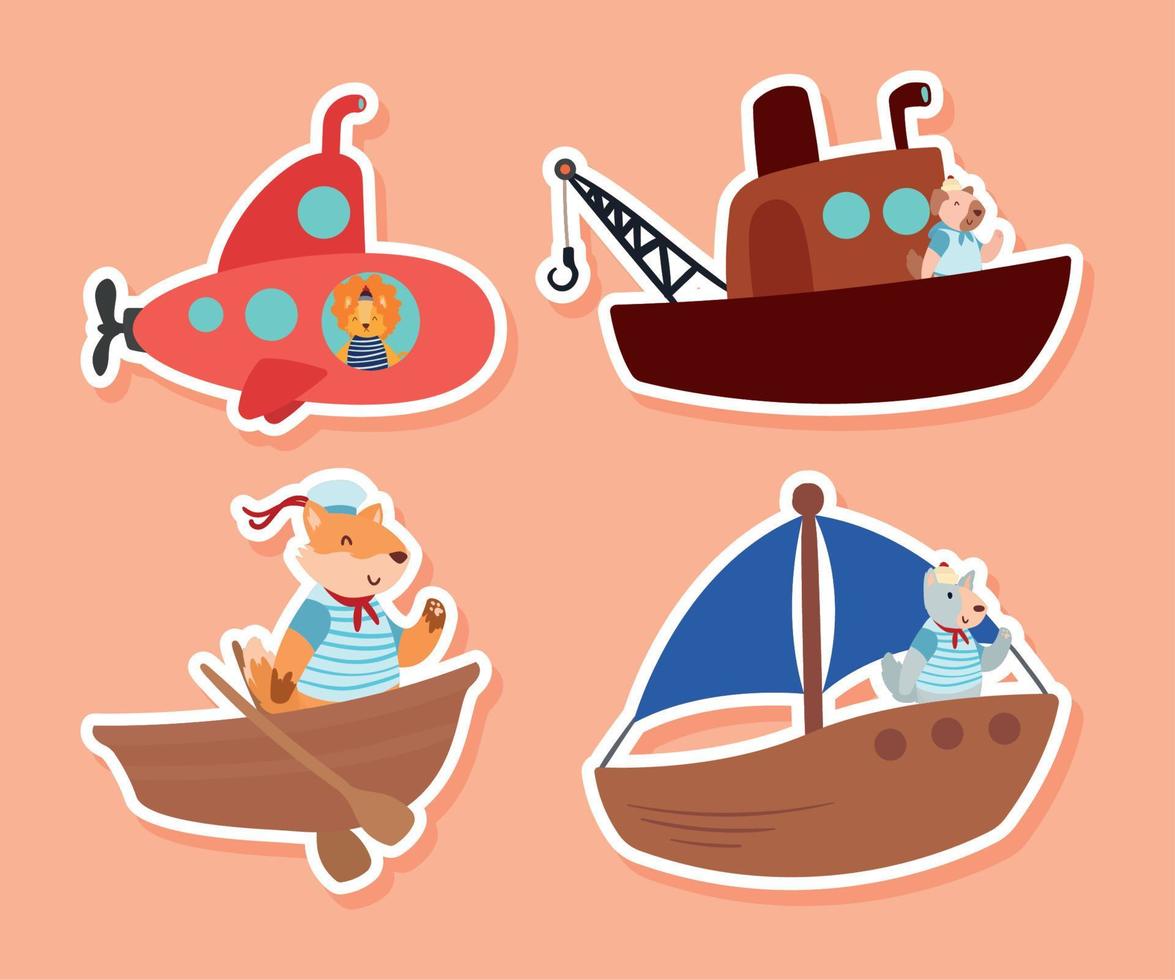 four animals sailors in boats vector