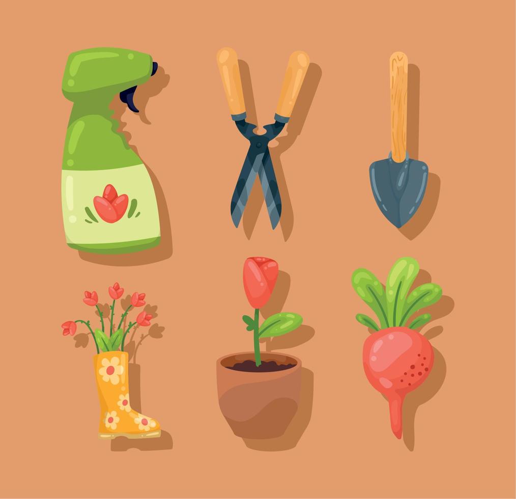 seis iconos de accesorios de jardinería vector