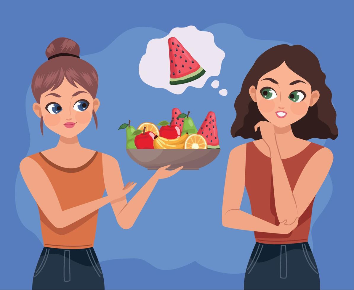 chicas con frutas frescas vector