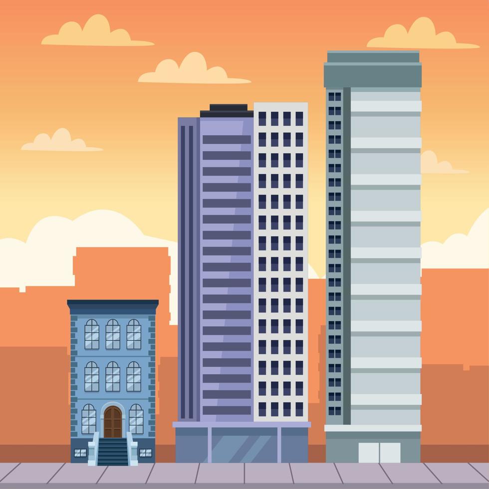 three buildings in cityscape vector