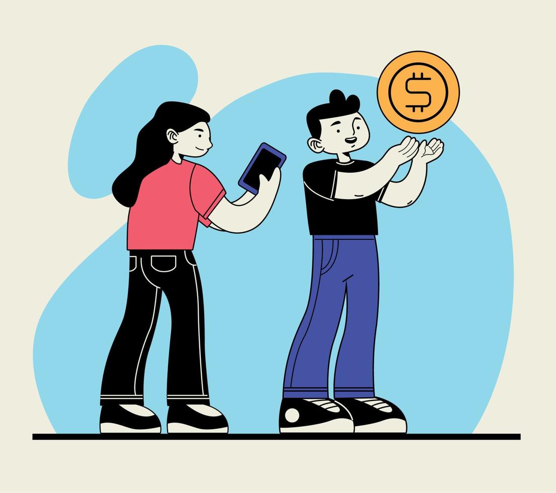 pareja con smartphone y moneda vector