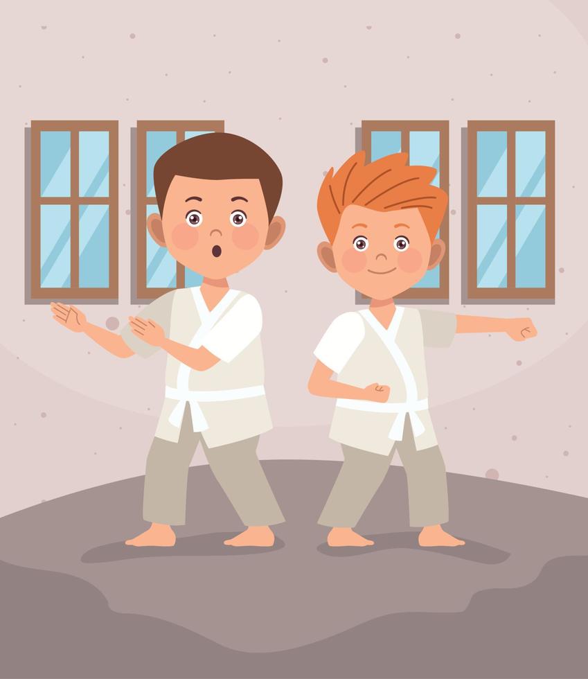 pareja de chicos practicando karate en interiores vector