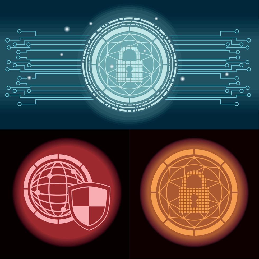 tres iconos de seguridad cibernética vector