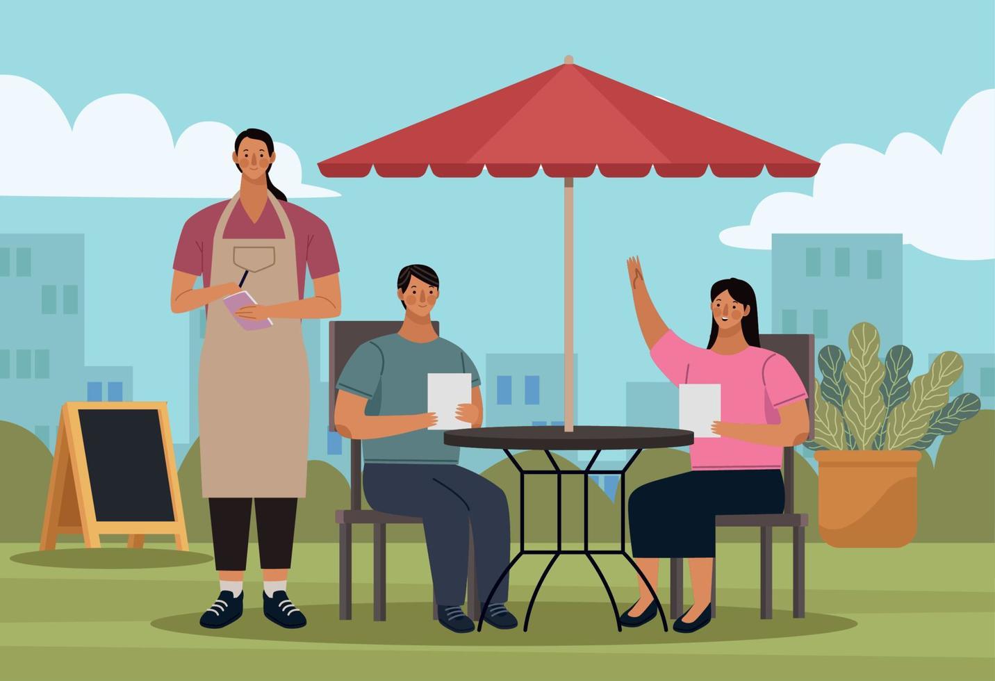 couple and waiter in restaurant vector