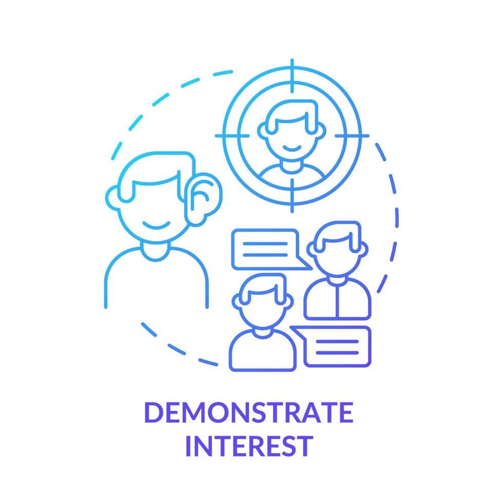 Demonstrate interest blue gradient concept icon. Showing engagement and involvement. Step to charisma abstract idea thin line illustration. Isolated outline drawing. vector