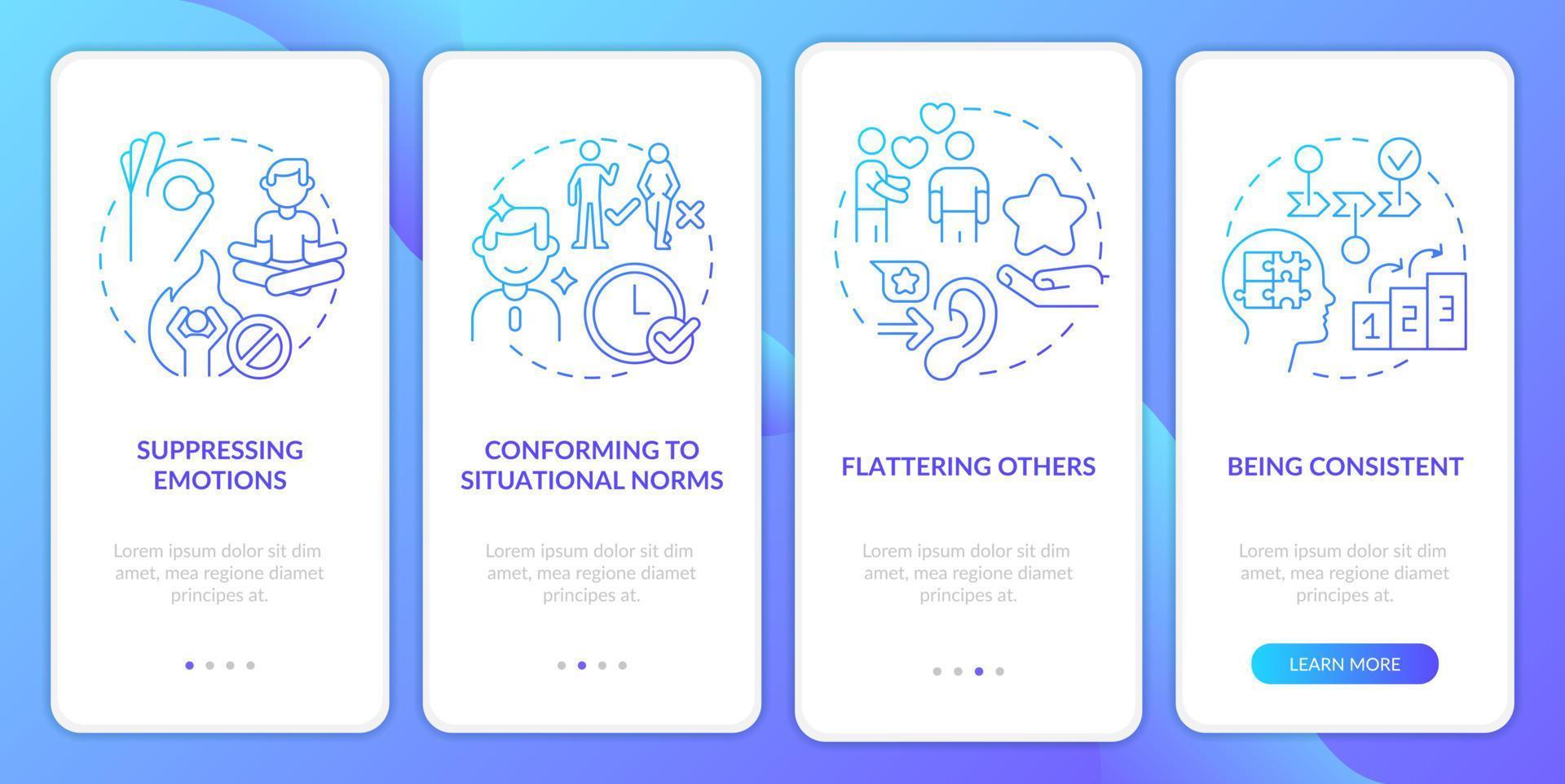 Impression management blue gradient onboarding mobile app screen. Walkthrough 4 steps graphic instructions pages with linear concepts. UI, UX, GUI template. vector