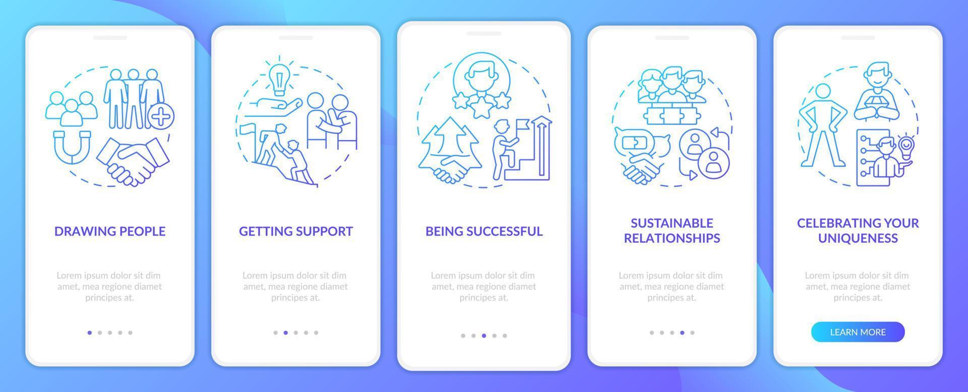 Charisma benefits blue gradient onboarding mobile app screen. Walkthrough 5 steps graphic instructions pages with linear concepts. UI, UX, GUI template. vector