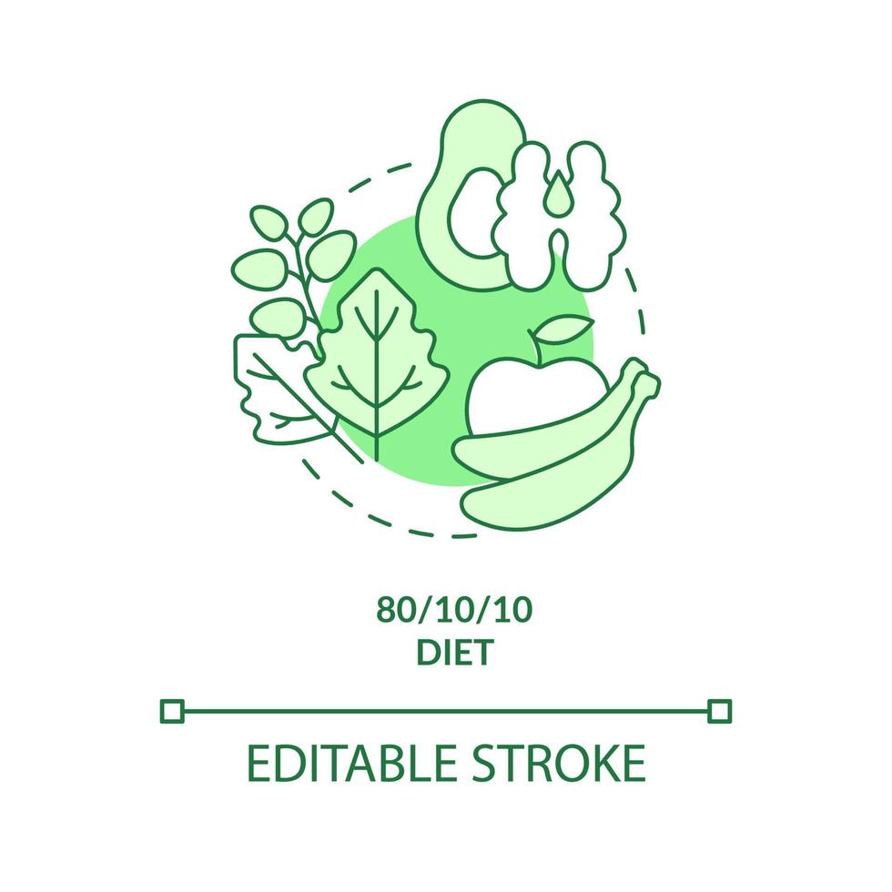 Low fat raw vegan diet green concept icon. 80, 10, 10 dieting. Variety of vegan diet abstract idea thin line illustration. Isolated outline drawing. Editable stroke. vector