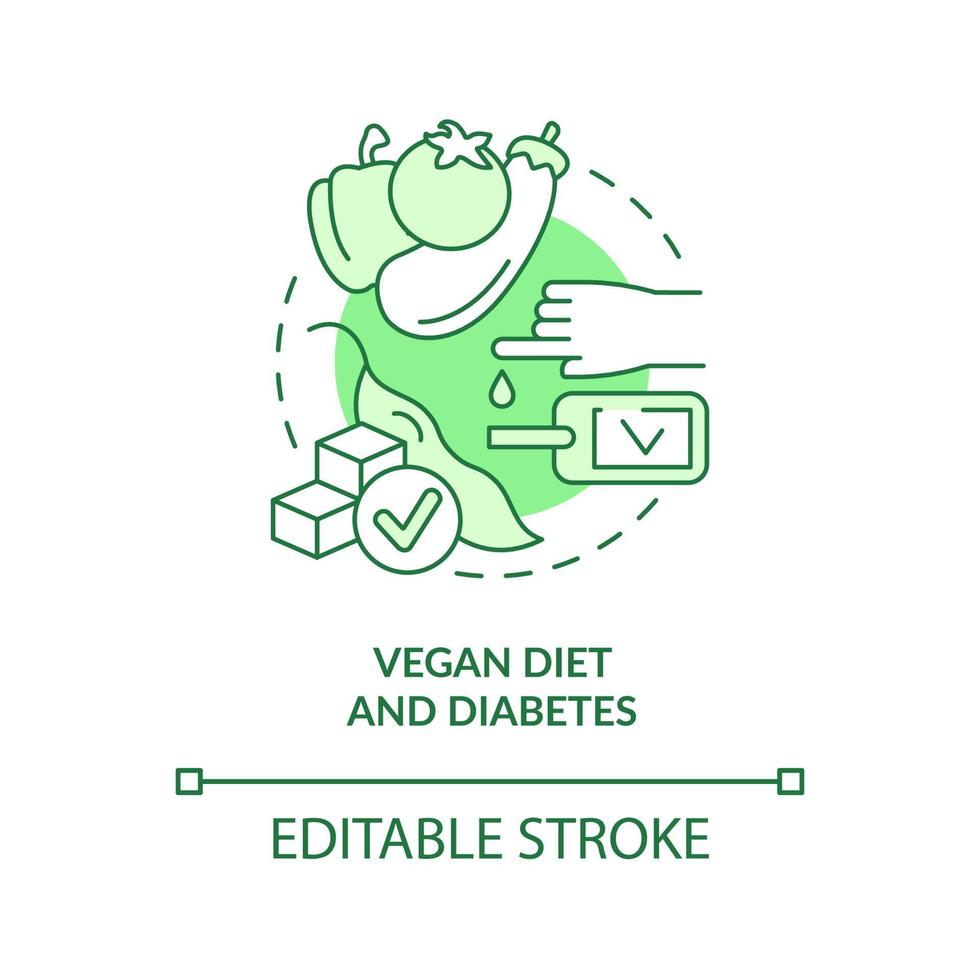 Vegan diet and diabetes green concept icon. Blood sugar level. Veganism and illness abstract idea thin line illustration. Isolated outline drawing. Editable stroke. vector