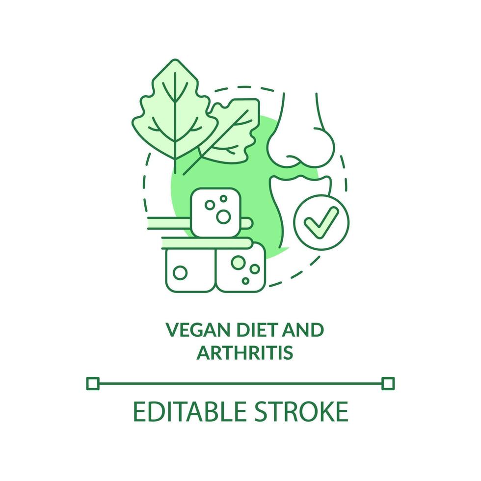 Vegan diet and arthritis green concept icon. Reduce pain. Veganism and illness abstract idea thin line illustration. Isolated outline drawing. Editable stroke. vector