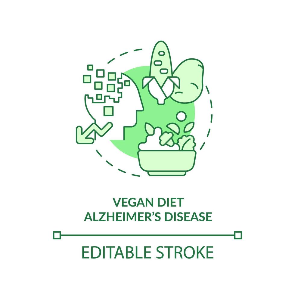 Vegan diet and Alzheimer disease green concept icon. Veganism and illness abstract idea thin line illustration. Isolated outline drawing. Editable stroke. vector