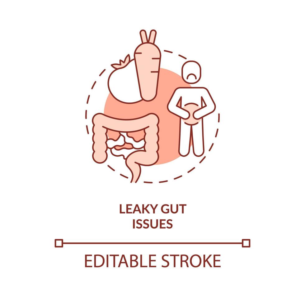 Leaky gut issues red concept icon. Bloating and cramps problem. Side effect abstract idea thin line illustration. Isolated outline drawing. Editable stroke. vector